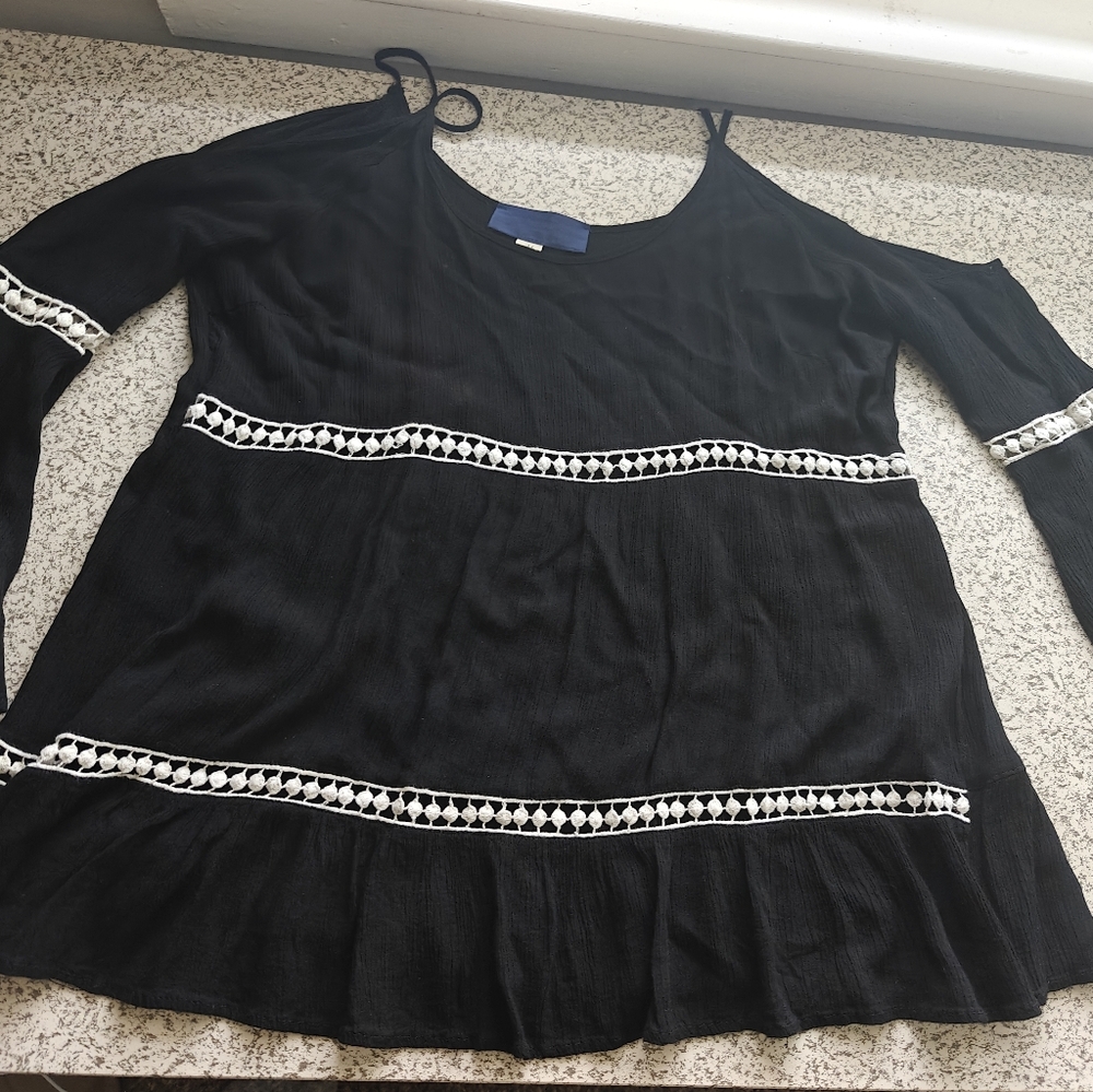 Poema Womens Blouse Shirt M Black Flare Sleeve Shoulder Out Spaghetti Strap